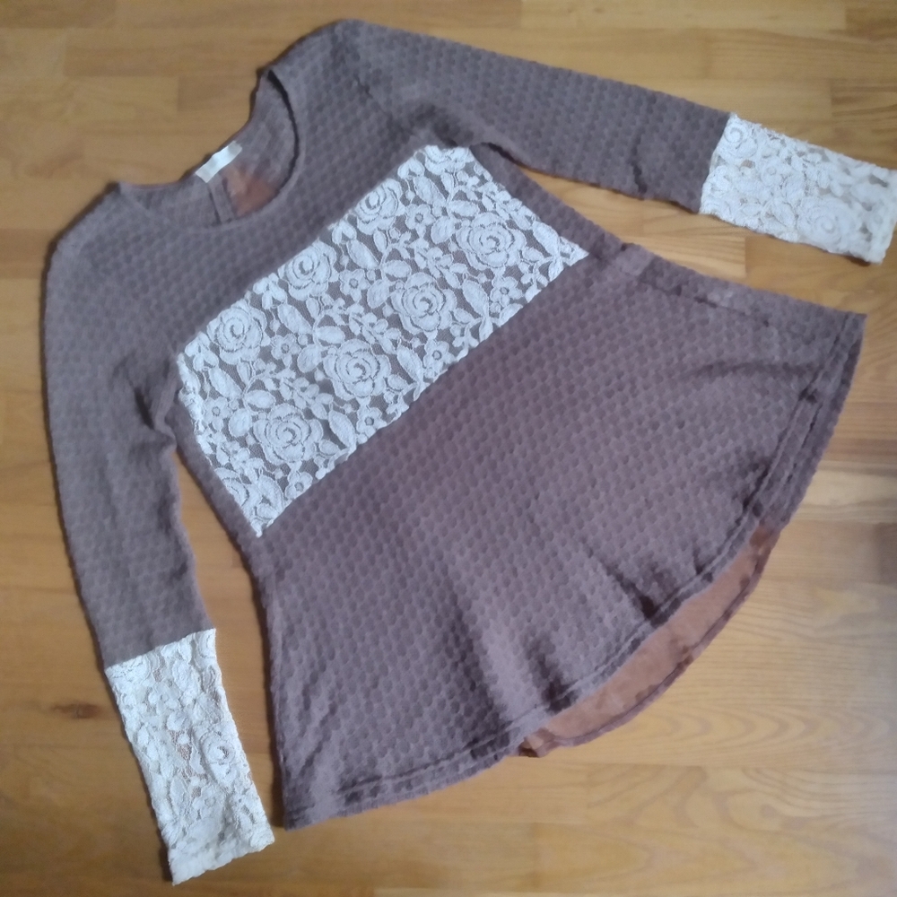 Altard State Brown Long Sleeve Y2K Babydoll Boho Sheer Lace‎ Tunic Top Medium